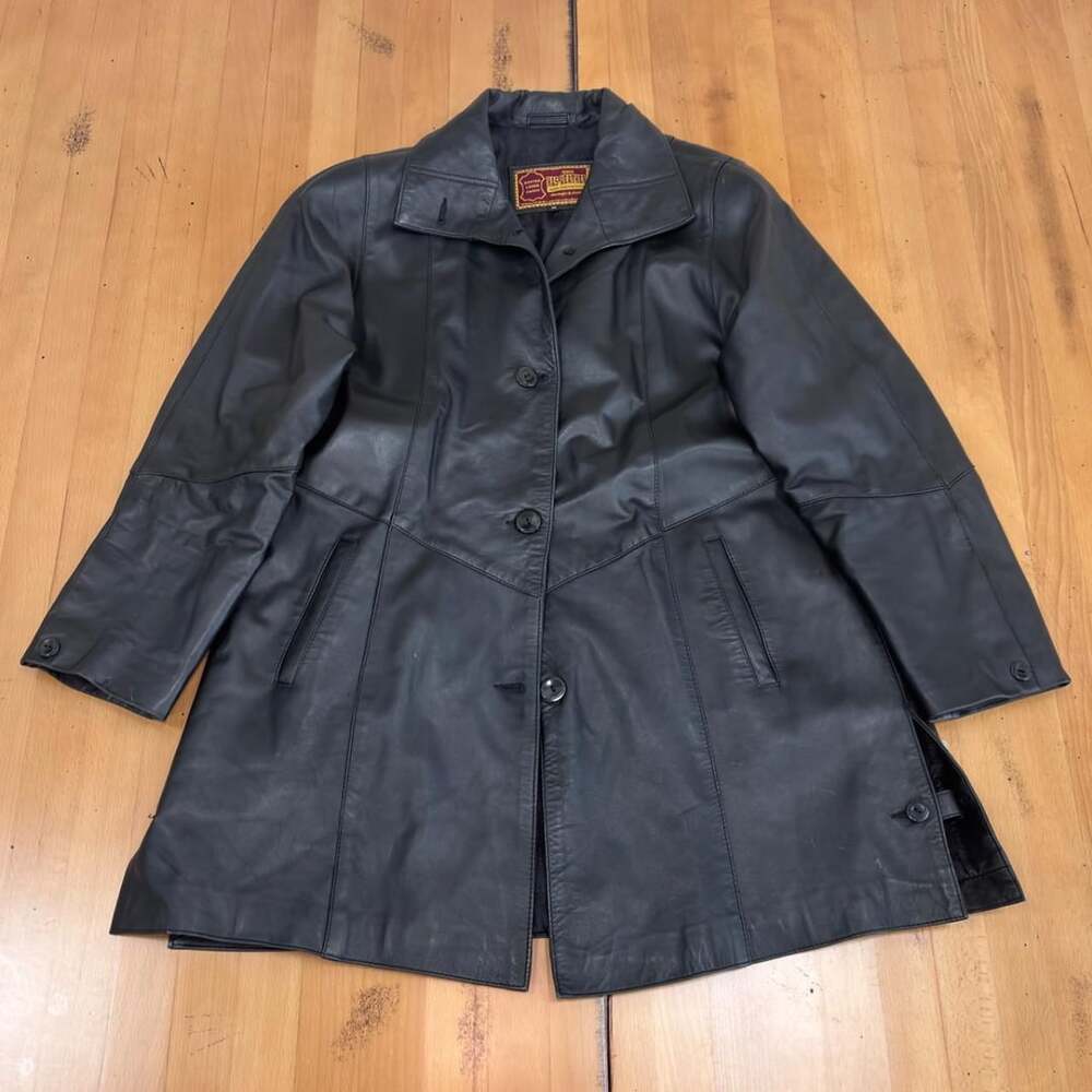 Has Leather Vintage Leather Coat Size XS Black Trench Jacket